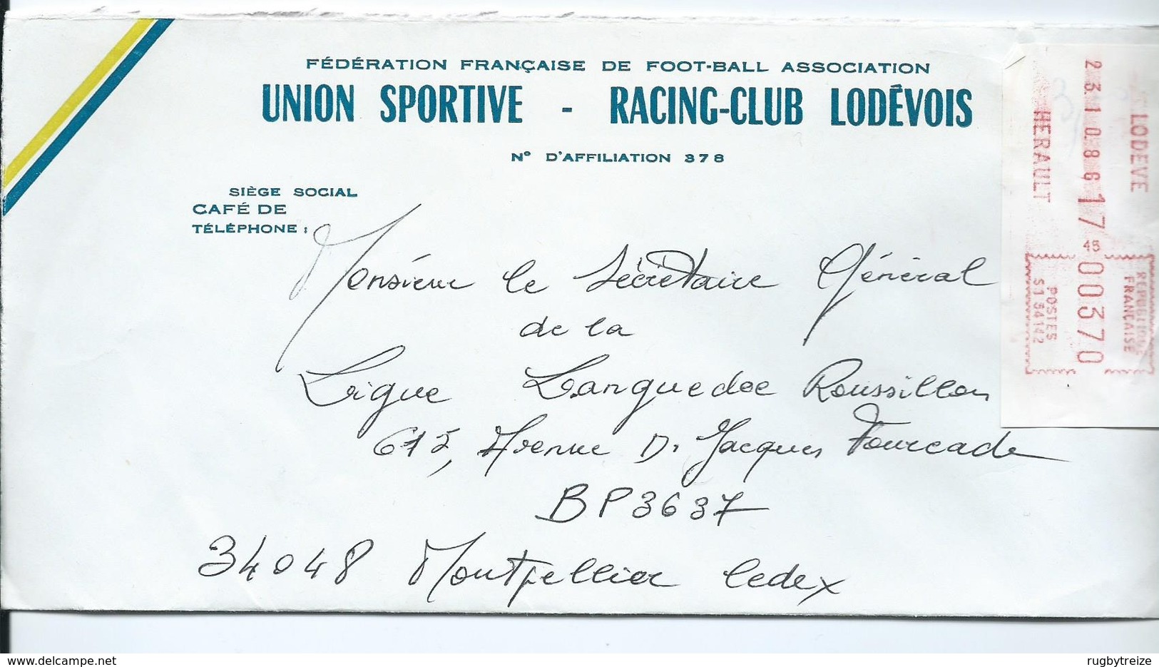 3112 Lettre Union Sportive Racing Club Lodévois Lodève 1986 Football Foot Vignette D'affranchissement S1 - 1981-84 LS & LSA Prototipi