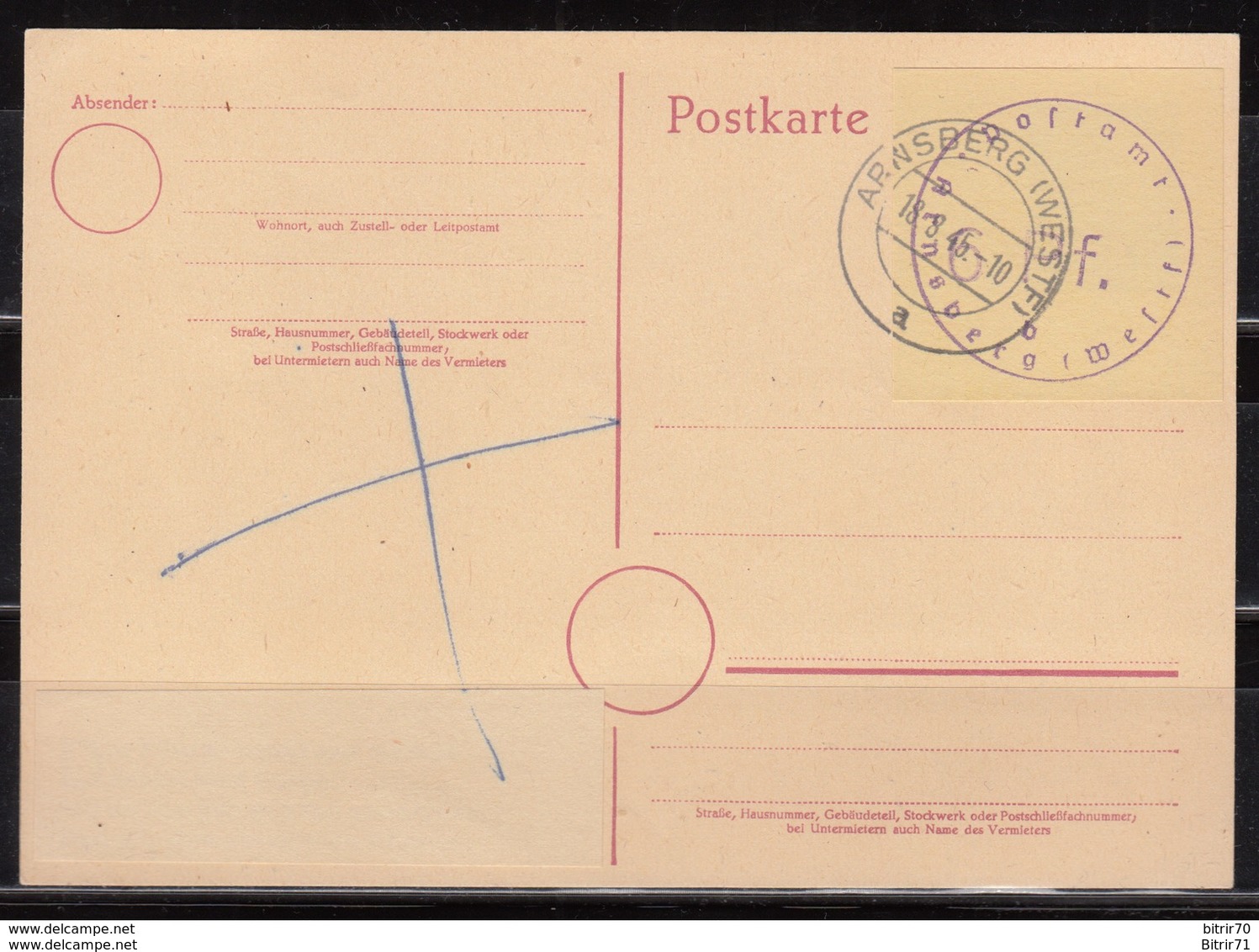 Lokalausgabe , Postkarte Arnsberg  18.8.45 , Mi Nº 1 - Altri & Non Classificati