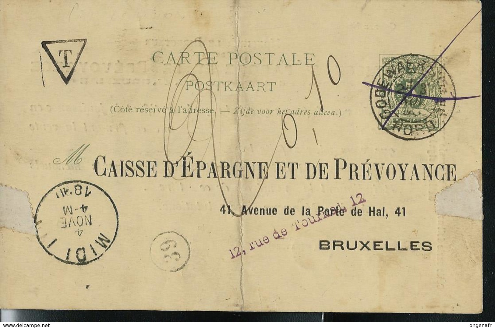 Carte N° 19. Obl. Godewaert + Annulé à La Plume Pour Taxation (t Dans Un Triangle à Dest. De Bruxelles Obl: MIDI I 04/11 - Cartes Postales 1871-1909