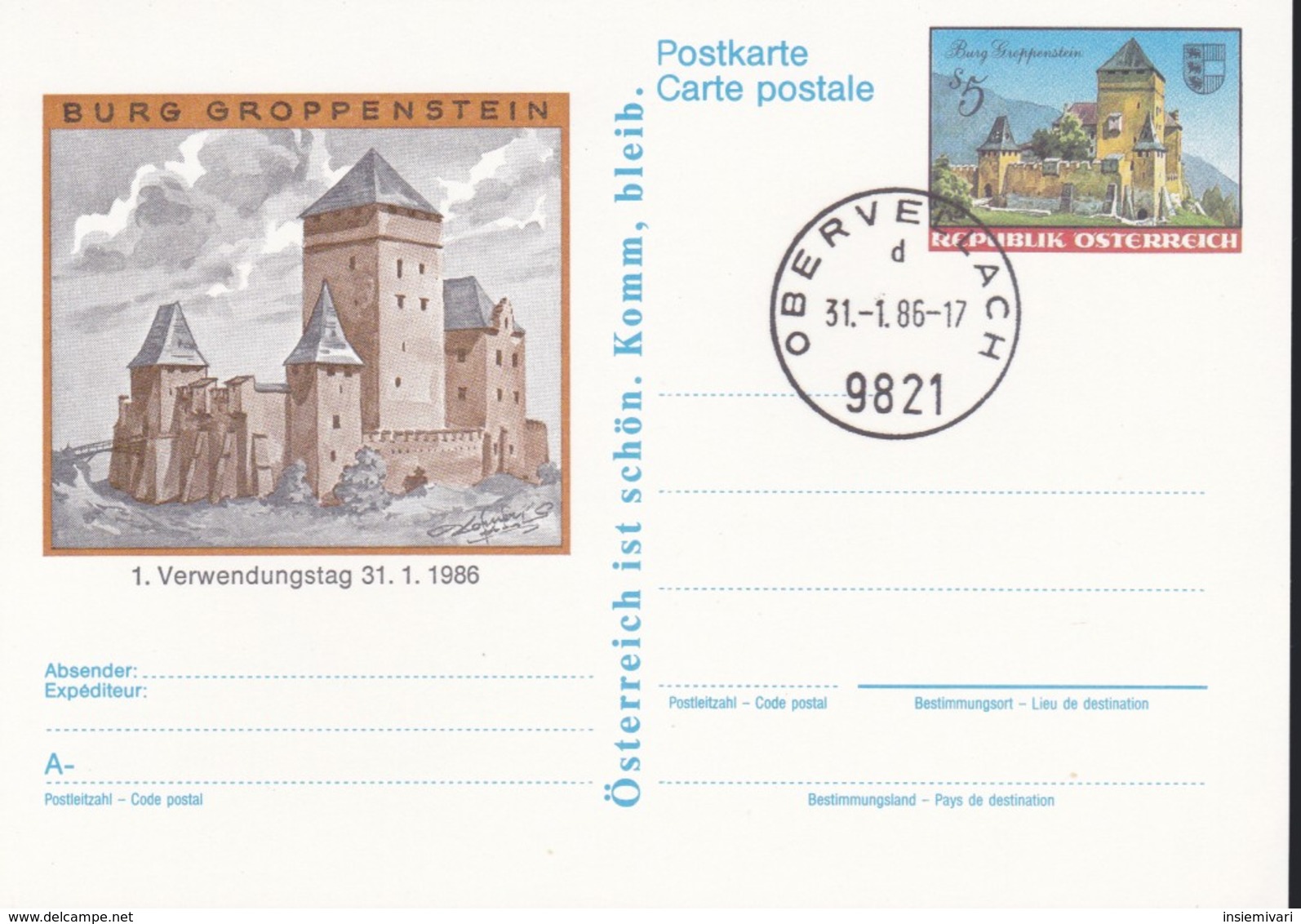 Austria Republik Osterreich POSTKARTE 1986 STORIA POSTALE S 5,00  CASTELLO GROPPENSTEIN. - Altri & Non Classificati