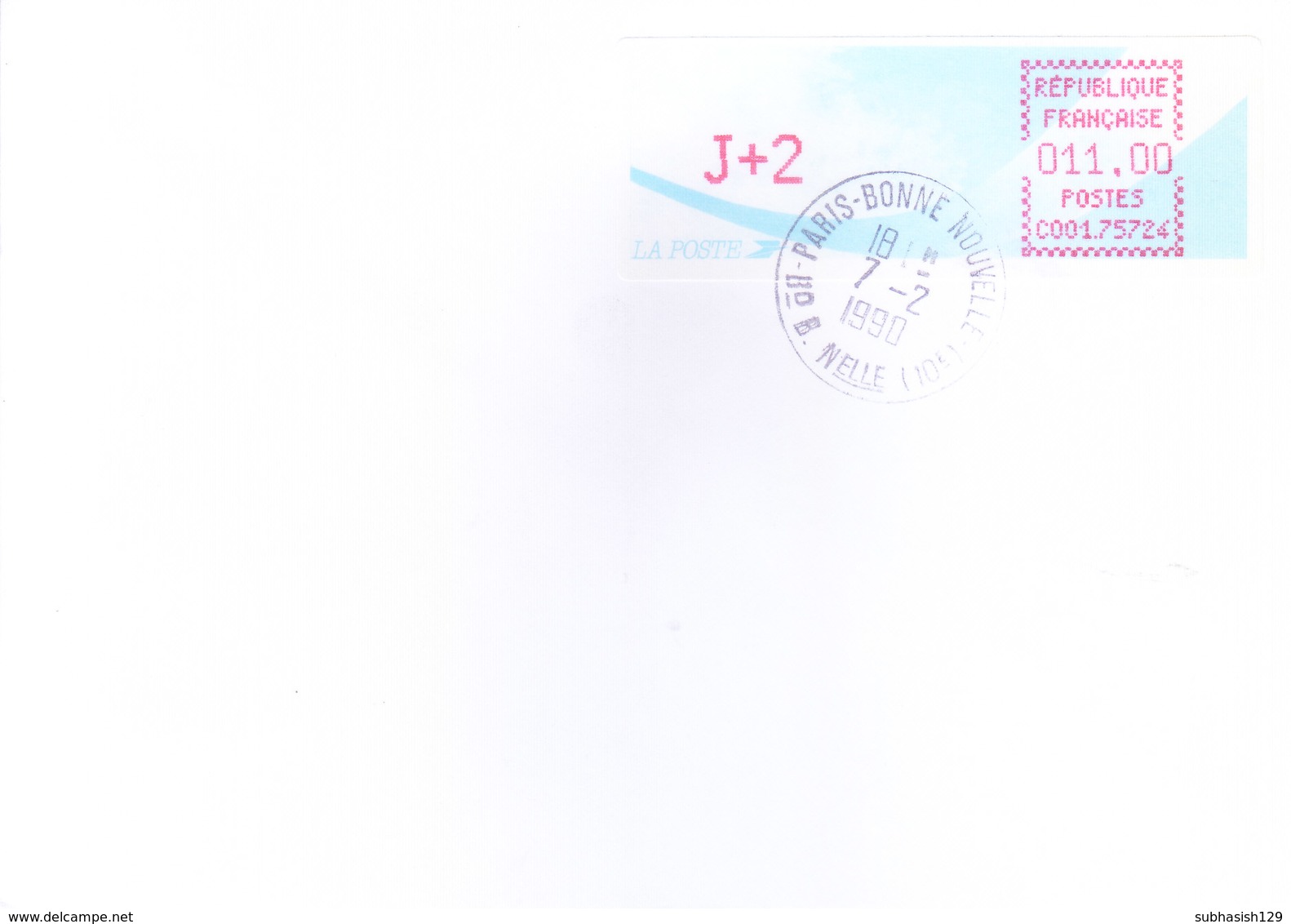 FRANCE : OFFICIAL METER FRANKED POSTAL LABLE WITH CANCELLATION : YEAR 1990 : ISSUED FROM BONNE NOUVELLE, PARIS - Covers & Documents