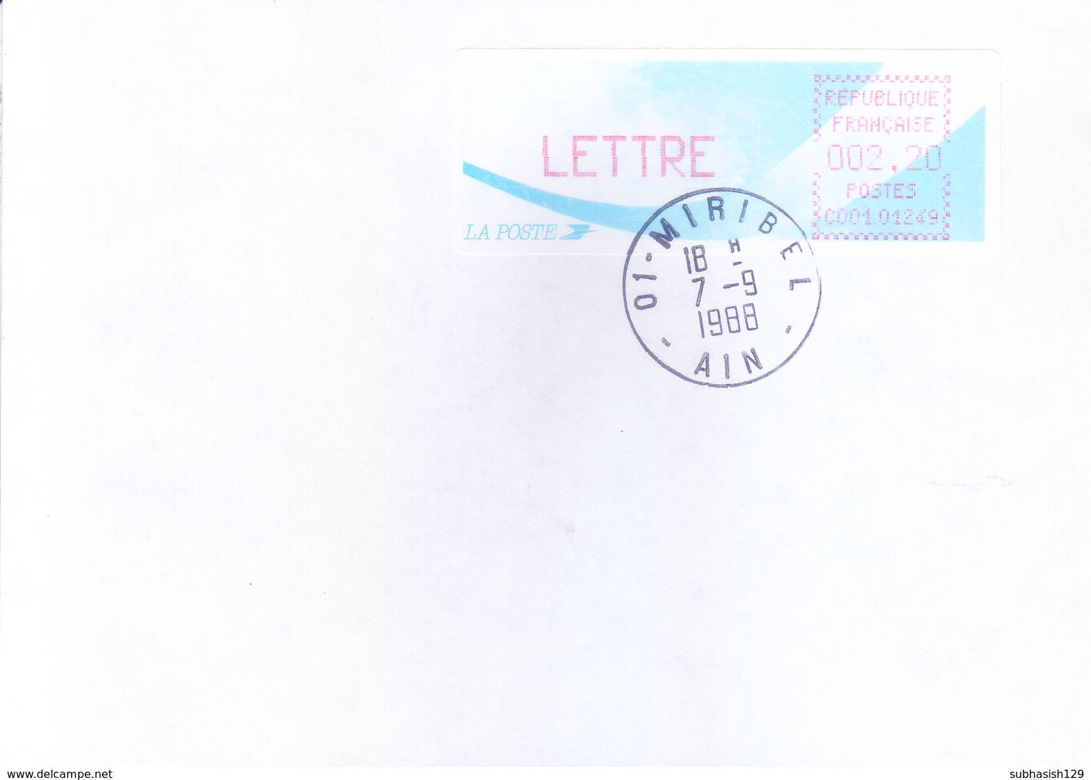 FRANCE : OFFICIAL METER FRANKED POSTAL LABLE WITH CANCELLATION : YEAR 1988 : ISSUED FROM MIRIBEL, AIN - Covers & Documents