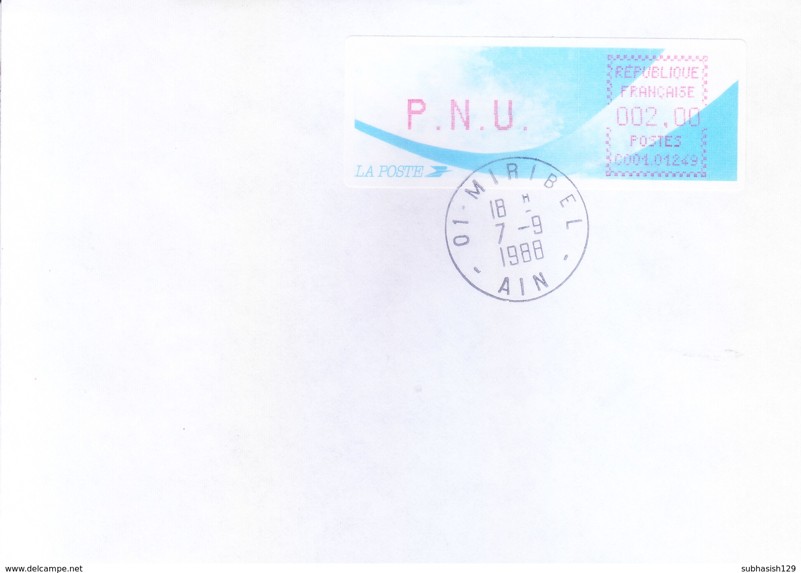 FRANCE : OFFICIAL METER FRANKED POSTAL LABLE WITH CANCELLATION : YEAR 1988 : ISSUED FROM MIRIBEL, AIN - Covers & Documents