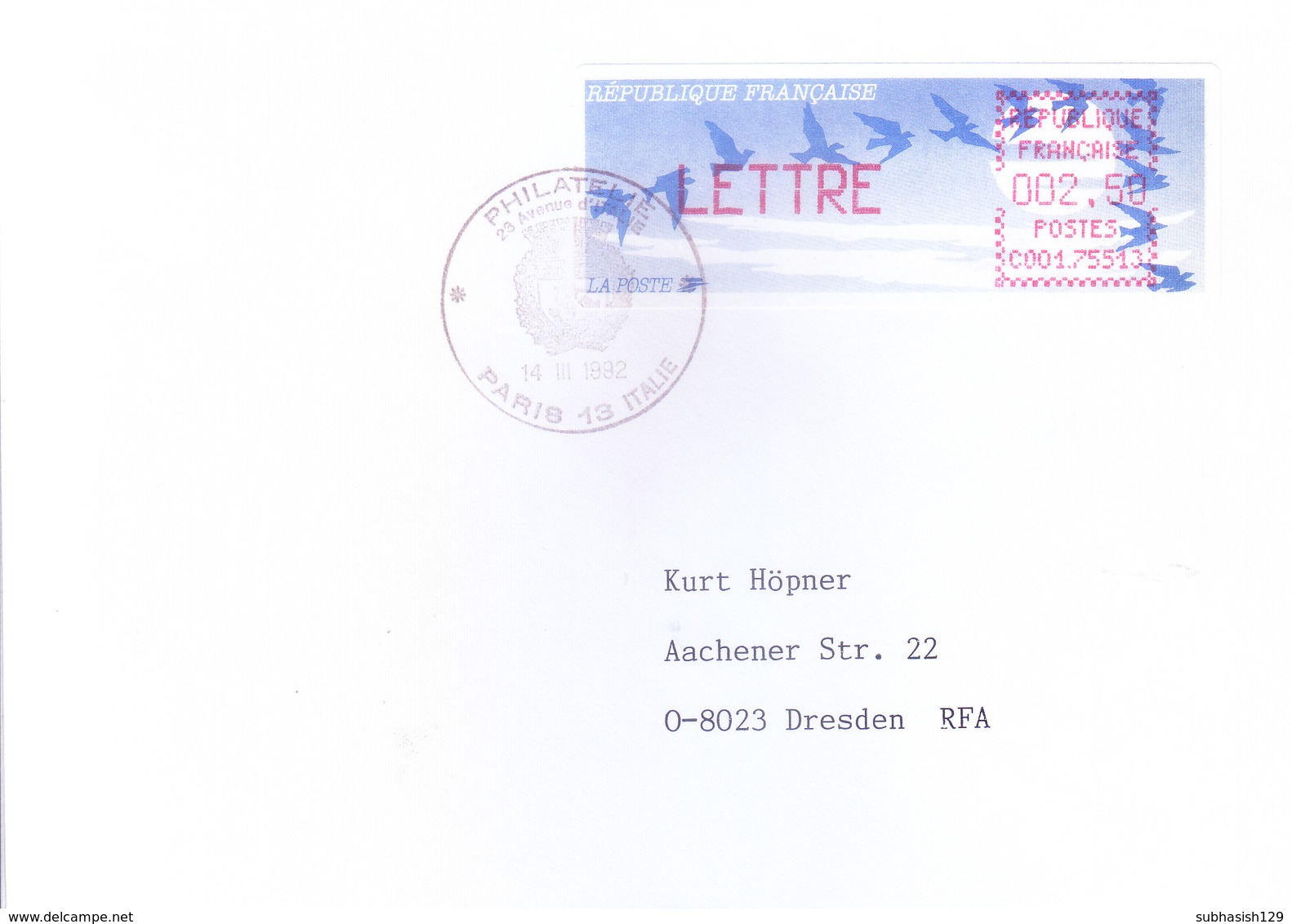 FRANCE : OFFICIAL METER FRANKED POSTAL LABLE WITH CANCELLATION : YEAR 1992 : ISSUED FROM PARIS - Covers & Documents