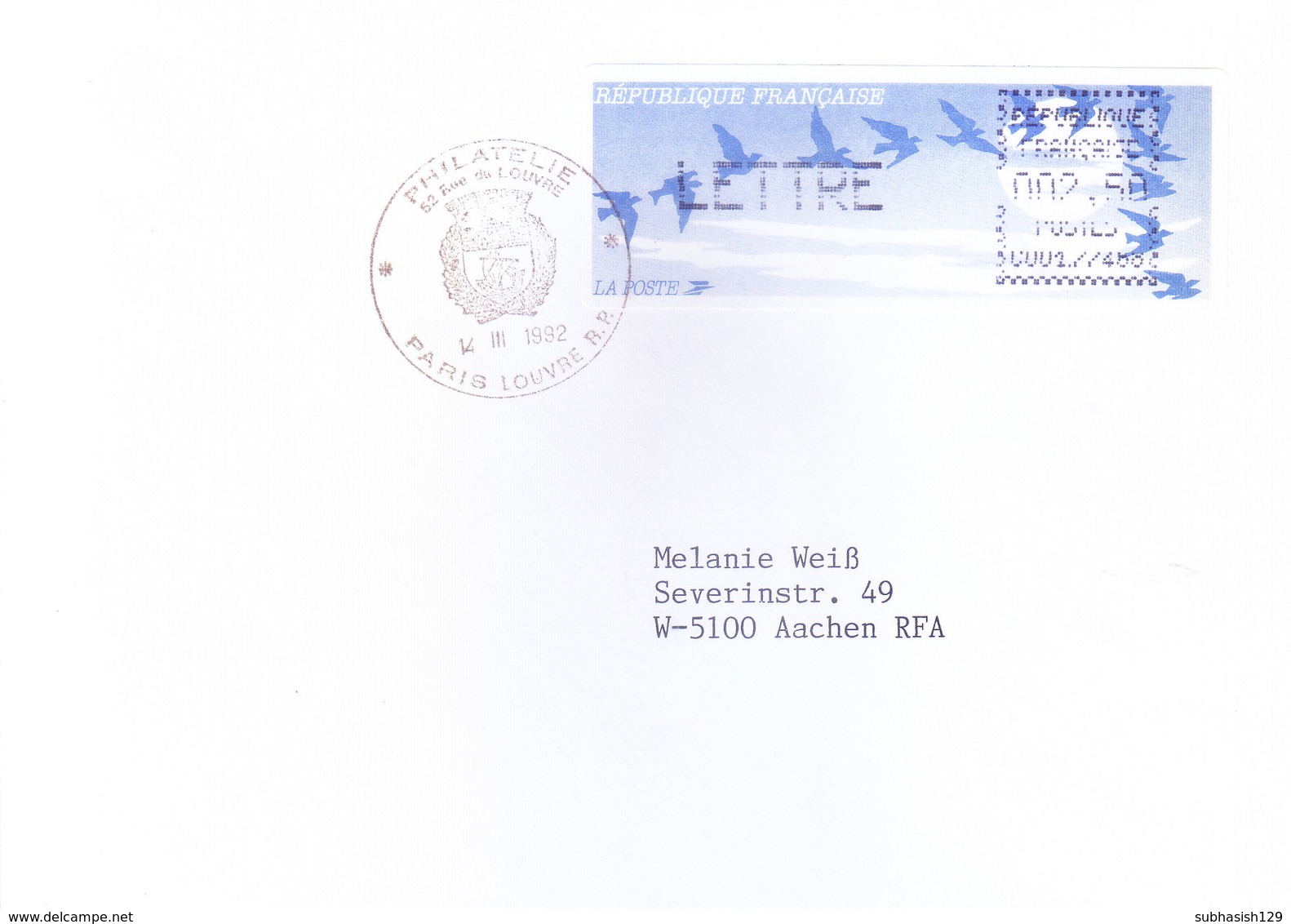 FRANCE : OFFICIAL METER FRANKED POSTAL LABLE WITH CANCELLATION : YEAR 1992 : ISSUED FROM R. P. VOUVRE, PARIS - Covers & Documents