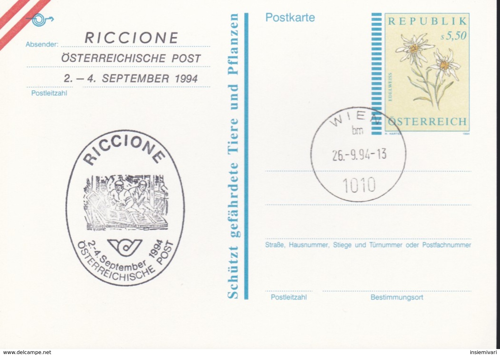 Austria Republik Osterreich POSTKARTE 1994 STORIA POSTALE S 5,50  RICCIONE 1994. - Altri & Non Classificati