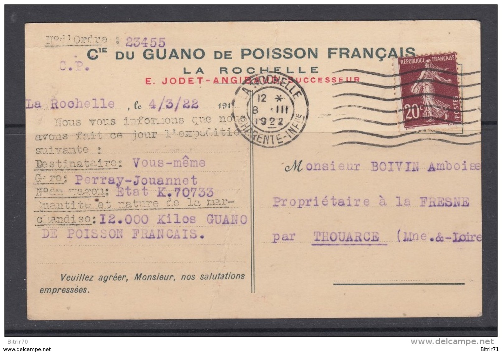 TARJETA POSTAL ILUSTRADA  LA ROCHELLE  8 - III - 1922 - 1921-1960: Periodo Moderno