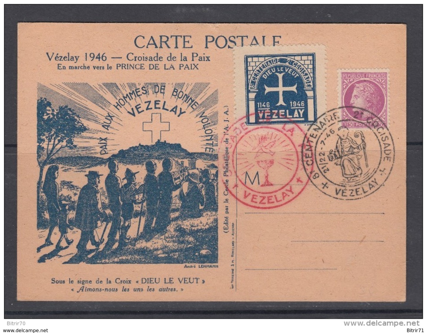 TARJETA POSTAL   " CENTENAIRE CROISADE DE LA PAIXA  " VEZELAY  21-22 . 7 . 1946 - 1921-1960: Periodo Moderno