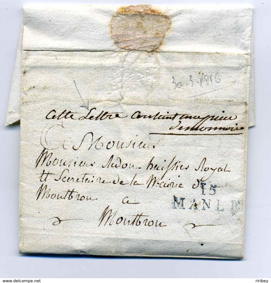 MP 15 MANLE  (24x9.5 Bleu ) + Marque Manuscrite  " Contient Une Pièce De Monnaie "/ Dept 15 Charente / 1816 - 1801-1848: Précurseurs XIX