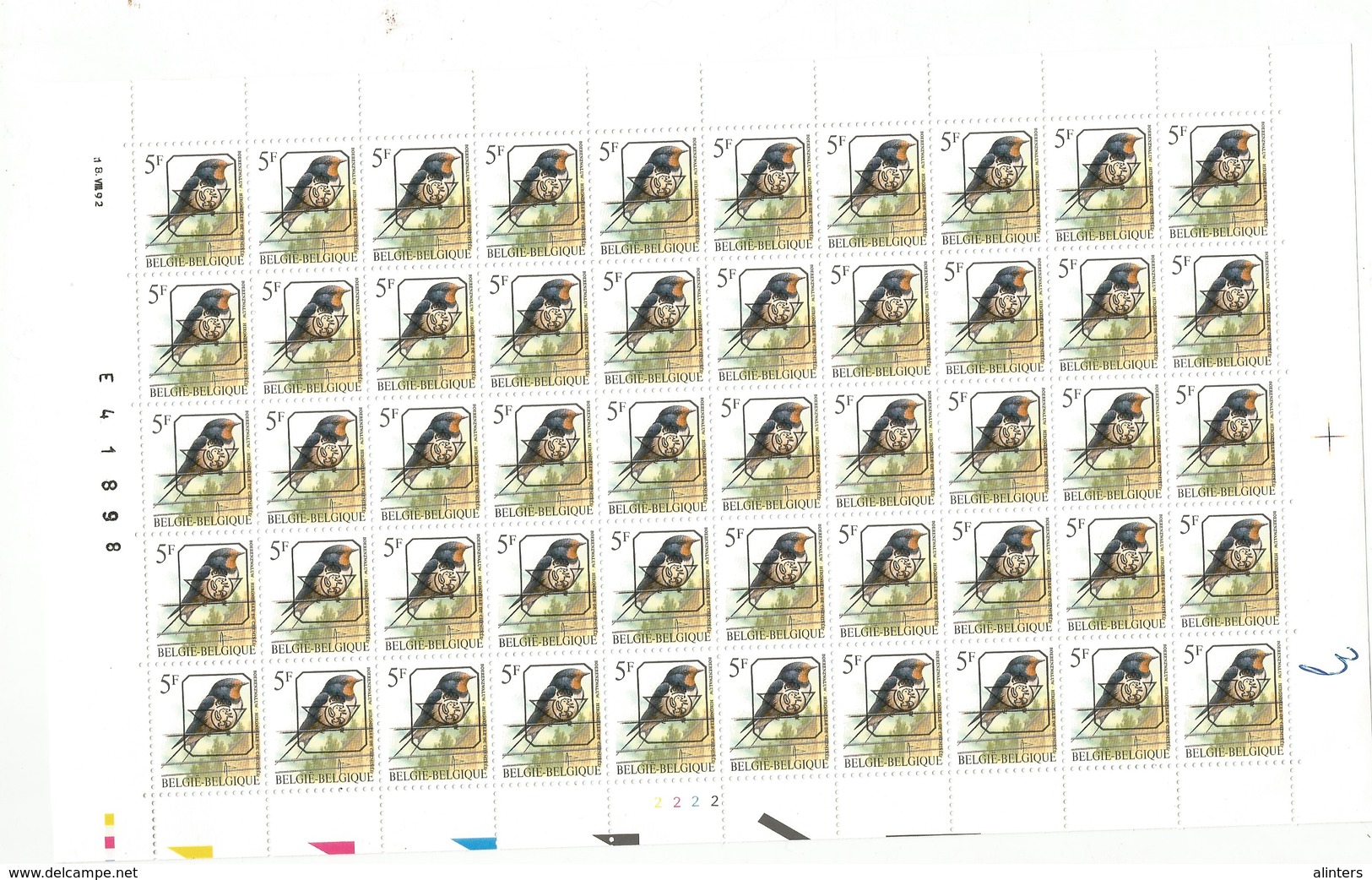 Blad Voorafgestempelde Zegels / Feuille Timbres Poste Préoblitérés 5 Fr 1992 - Typos 1986-96 (Oiseaux)