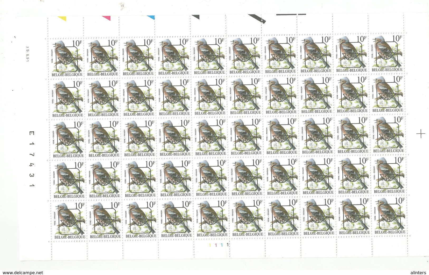 Blad Voorafgestempelde Zegels / Feuille Timbres Poste Préoblitérés 10 Fr 1991 - Typos 1986-96 (Oiseaux)