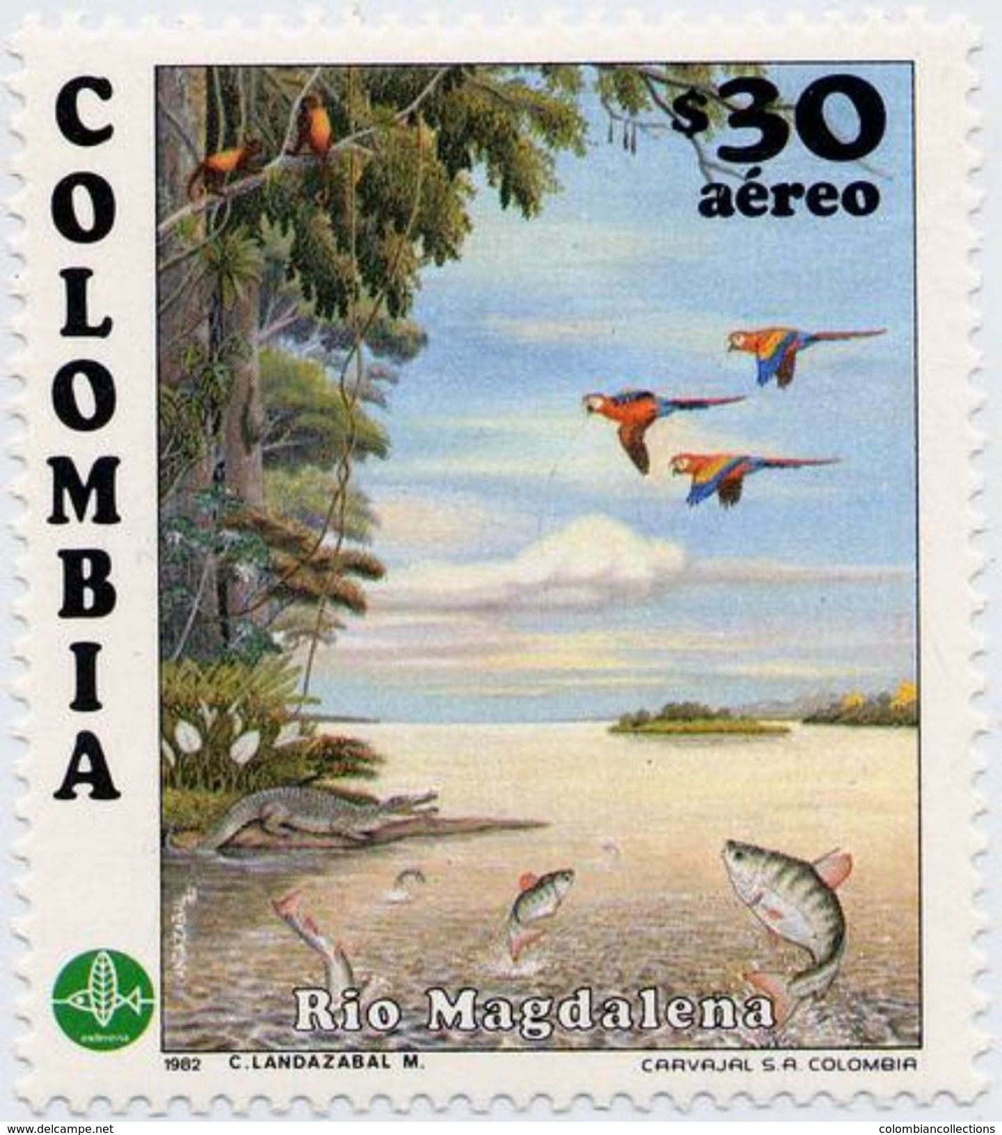 Lote 1583, Colombia,1982, Sello, Stamp, Rio Magdalena, Bird, Fish, Reptile, Crocodile, River, Parrot - Colombia