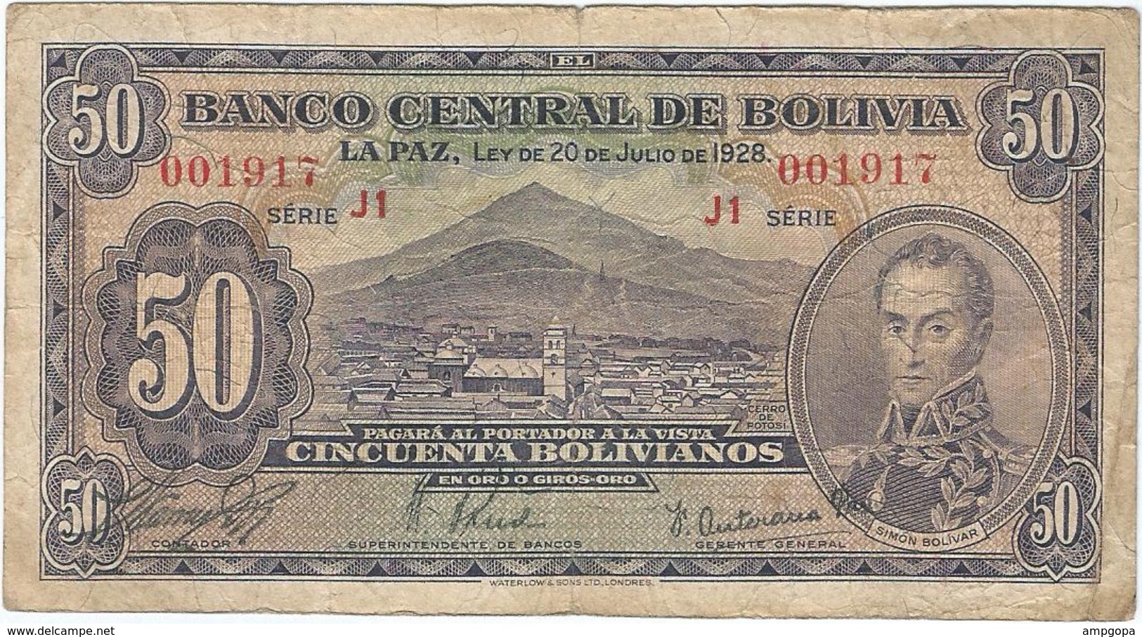 Bolivia 50 Bolivianos 20-7-1928 Pk 132 3 Firmas Ascarrunz, Prudencio Y Antezana Paz Ref 3167-2 - Bolivia