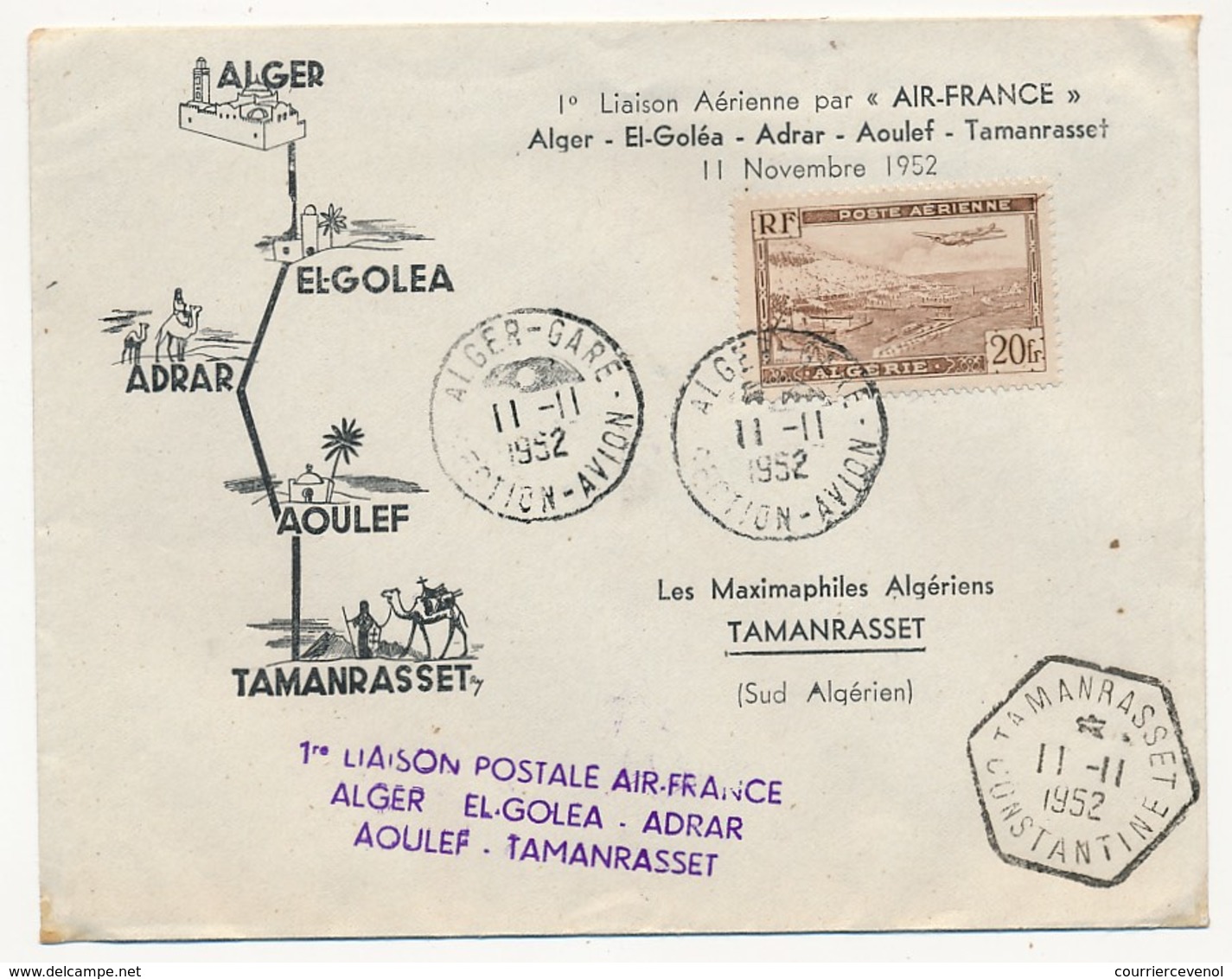 ALGERIE - Enveloppe "1ere Liaison Postale Air France Alger / El Golea / Adrar / Aoulef / Tamanrasset" - 1952 - Poste Aérienne