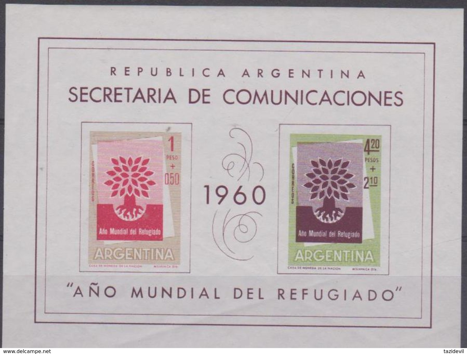 ARGENTINA - 1960 Refugee Year Souvenir Sheet. Scott B25. MNH ** - Blocks & Sheetlets