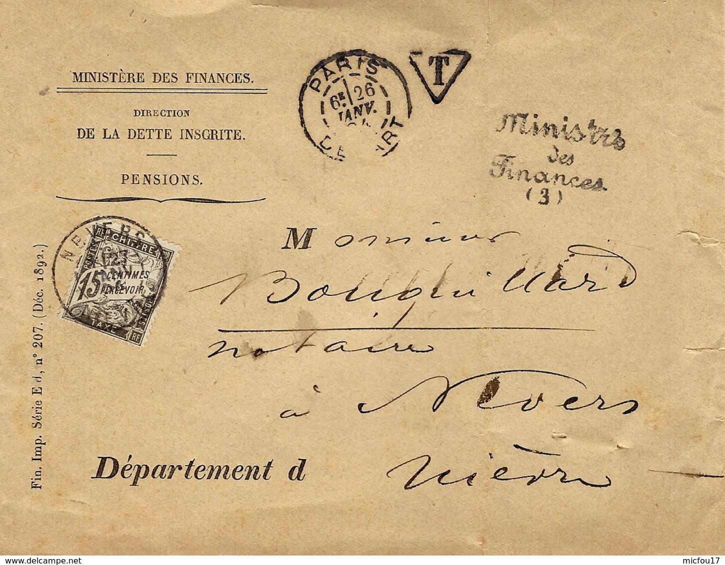 1894- Enveloppe Du Ministère Des Finances Export Du Simple Taxe  Affr. 15 C Taxe à Nevers - 1877-1920: Période Semi Moderne