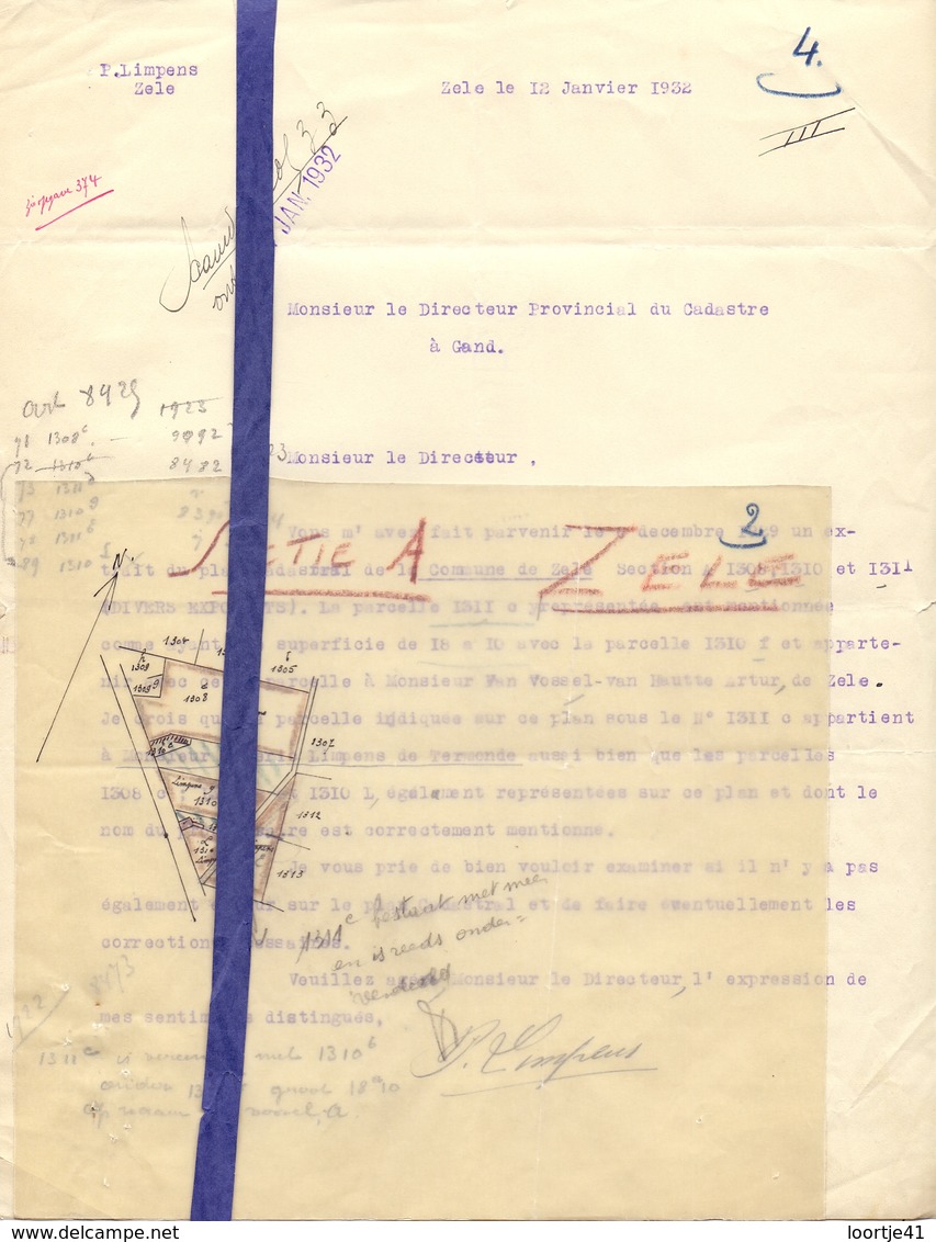 Brief Lettre - P. Limpens - Gemeente Zele - Naar Kadaster 1932 + Brief Met Antwoord - Non Classés