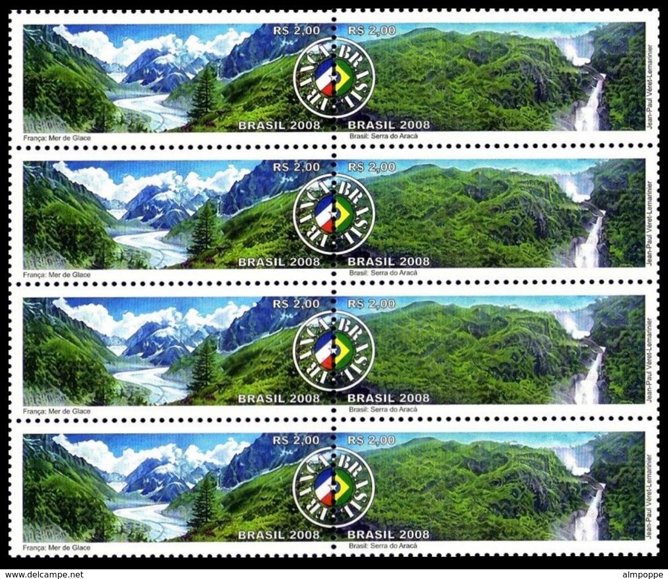 Ref. BR-3052-Q2 BRAZIL 2008 JOINT ISSUE, WITH FRANCE, WATERFALLS,, LANDSCAPES, BLOCK MNH 8V Sc# 3052 - Joint Issues