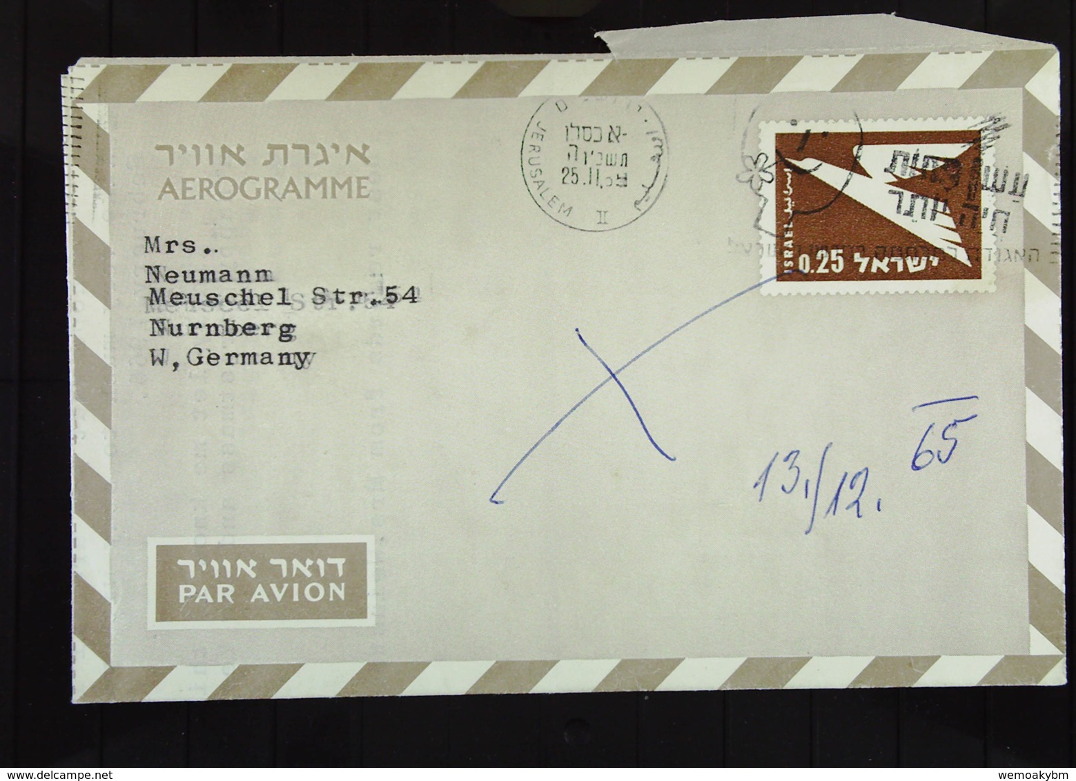 Jerusalem Israel Aerogramm In Bedarfsm. Verwendung (Faltbrief) Nach Nürnberg - Briefe U. Dokumente
