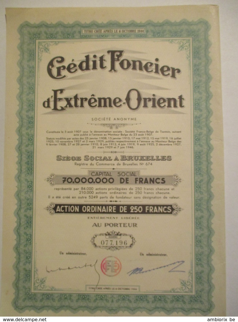 Crédit Foncier D'Extrême Orient - Capital 70 000 000 - Action Ordinaire De 250 Francs - Asia