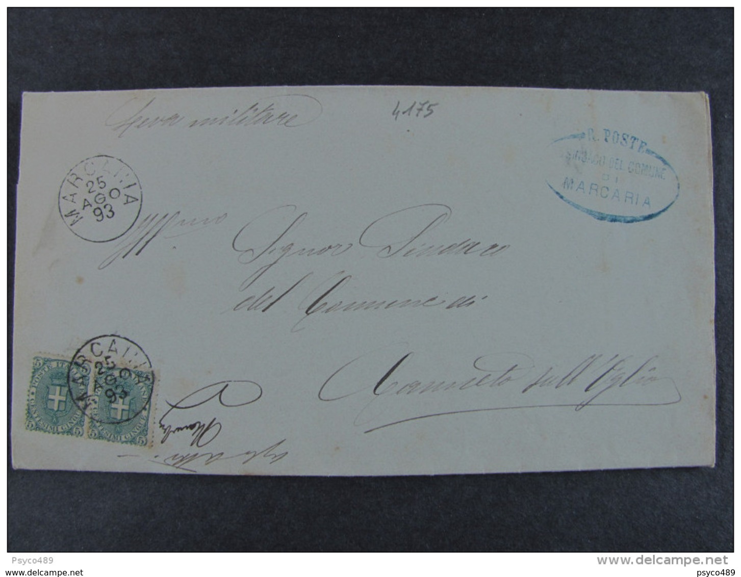 4175 ITALIA Regno-1891-96- "Stemma" C. 5 Coppia MARCARIA>CANNETO SULL'OGLIO (descrizione) - Storia Postale