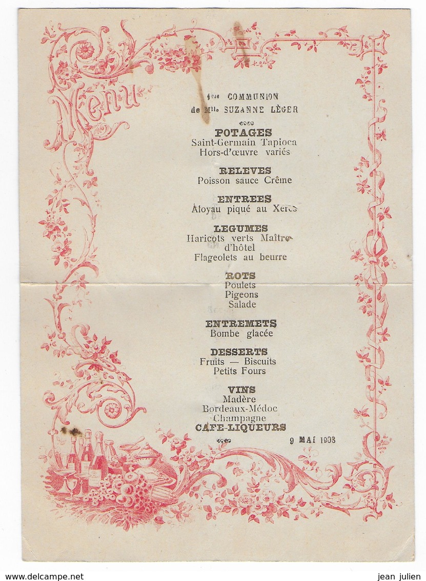 MENU - Salon De La PORTE DOREE - Avenue Daumesnil  à Paris - 1903 - Menu