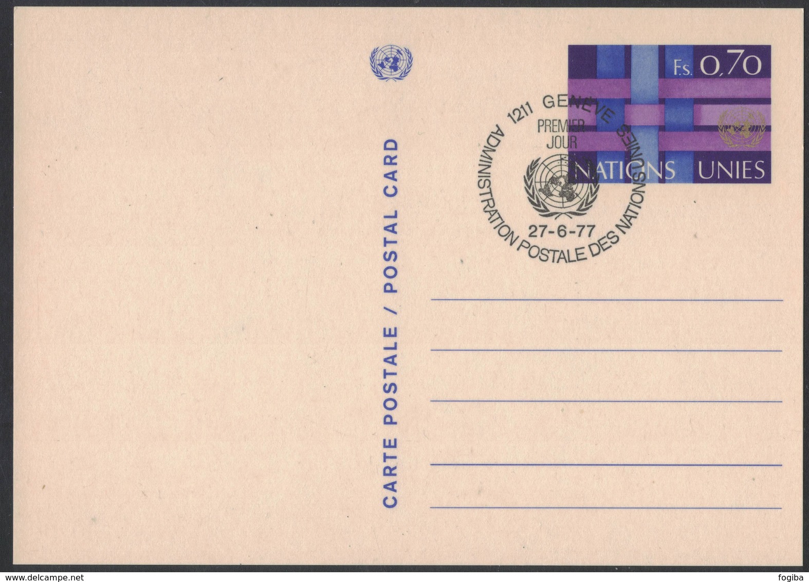 AN53 Nations Unies UNO Geneva Postcard FDC Emblem And Ribbons  0.70 Francs 1977 - Altri & Non Classificati