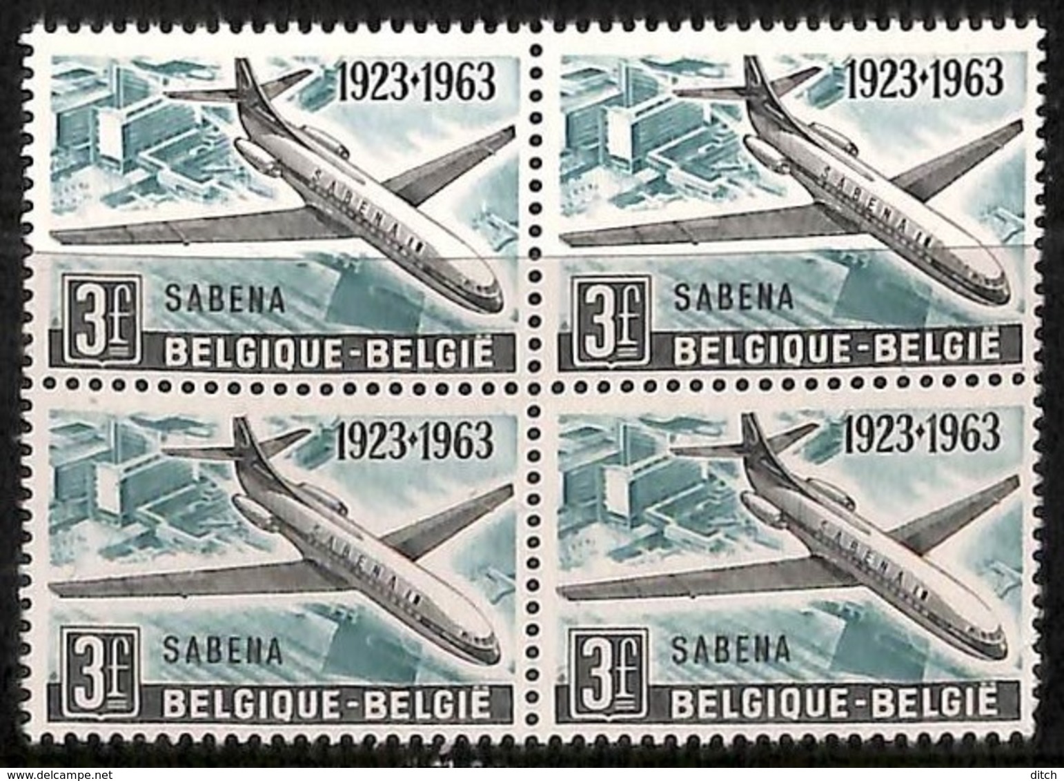 D - [205128]BELGIQUE 1963 - N° 1259-v5e, SABENA, Avion, Carlingue Griffée à L'arrière (les 2 Timbres Du Bas), Dans Un BD - Autres & Non Classés