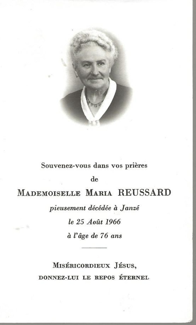 Faire Part De Déces-- De Me  Maria Reussard --Janzé - Décès