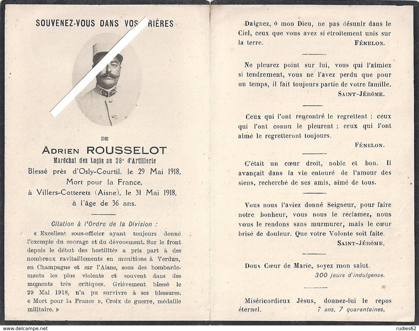 Aunac - Villers Cotterêts : Image Mortuaire ROUSSELOT Adrien (soldat Guerre 14/18) - Maréchal Des Logis 28ème Artillerie - Décès