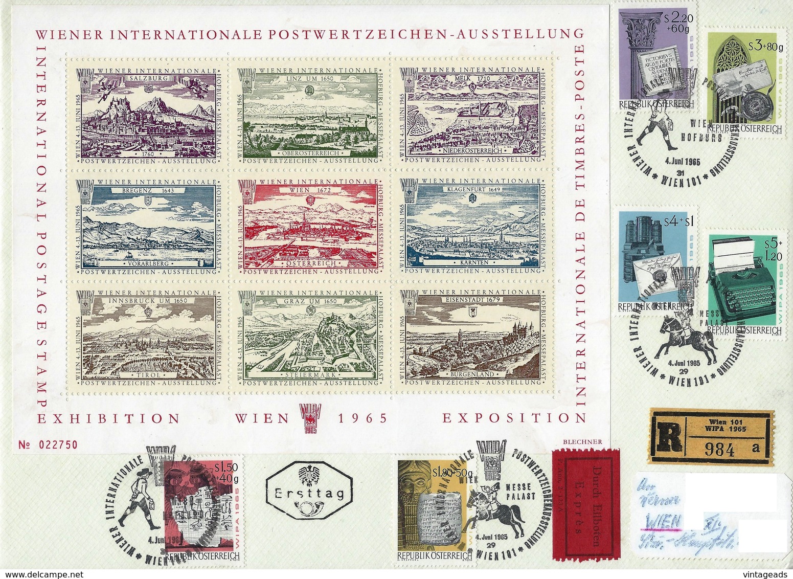 BM267 Sonderkuvert WIPA Hofburg 1965, 6 Werte ANK 1214-1219), Kompletter WIPA Vignettenblock Nr. 023030 - Altri & Non Classificati