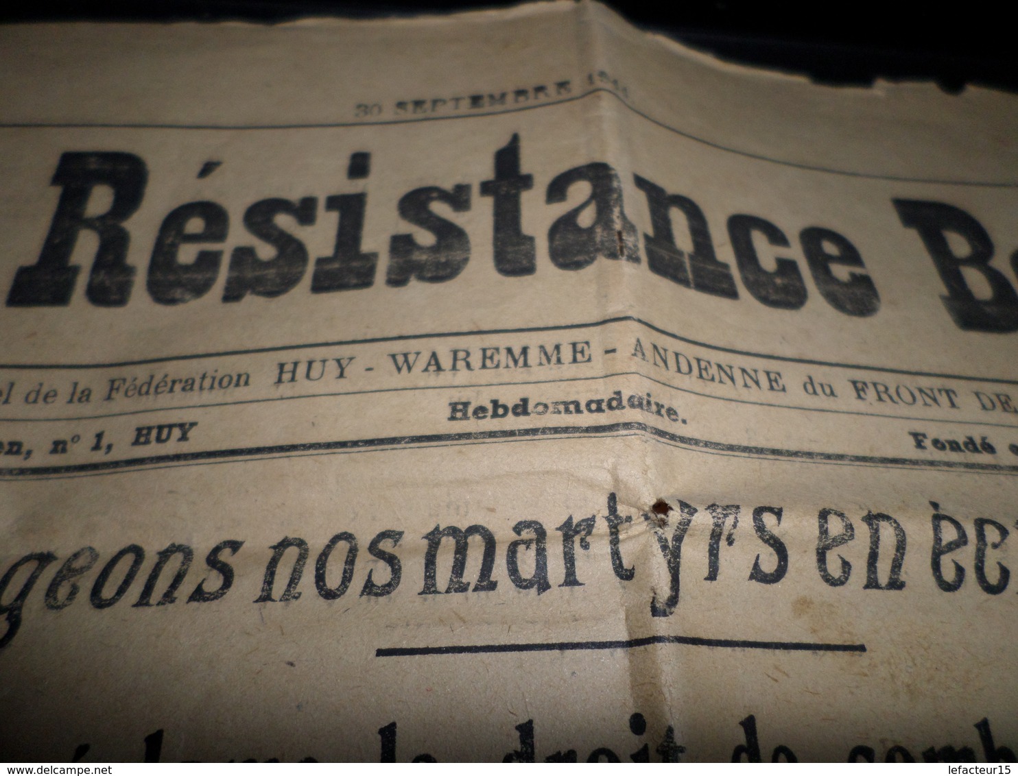 Huy- Waremme La Resistance Belge  Du 30/09/1944 Journal Du FI - Autres & Non Classés