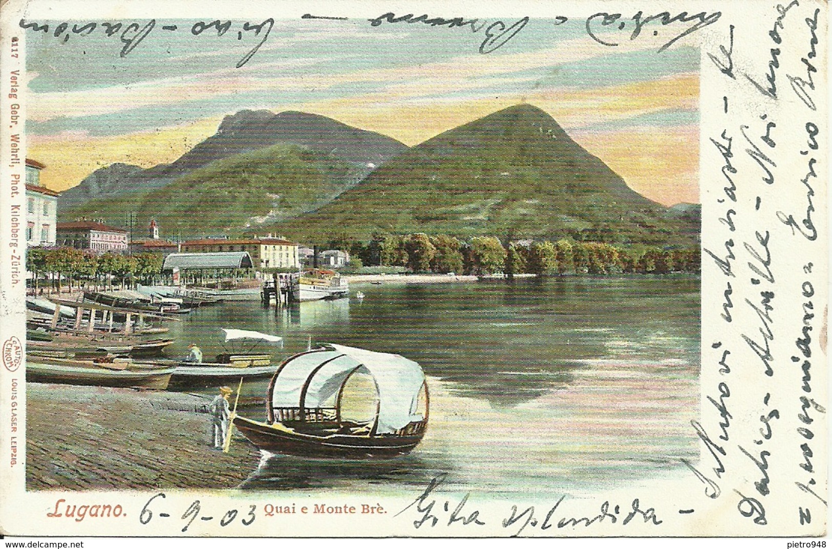 Lugano (Ticino, Svizzera) Quai E Monte Brè, Lungolago Con Barche E Monte Brè, Illustrazione - Lugano