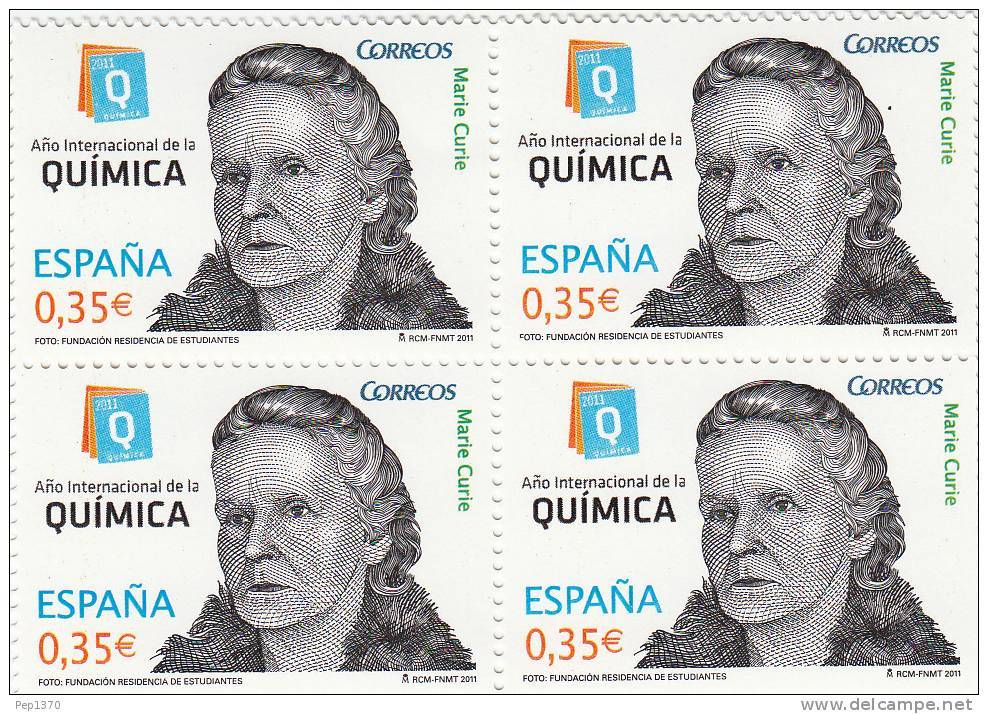 ESPAÑA 2011 - AÑO INTERNACIONAL DE LA QUIMICA - MARIE CURIE -  EN BLOQUE DE CUATRO - EDIFIL 4637 - Nuevos