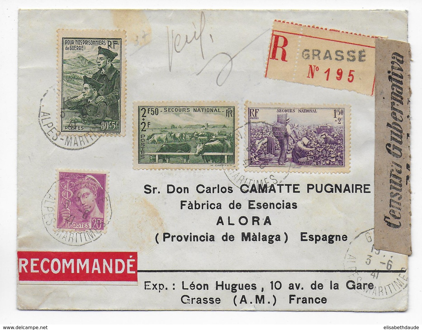 1941 - YVERT N° 468+469+474 Sur ENVELOPPE RECOMMANDEE De GRASSE => ALORA (ESPAGNE) Avec CENSURE ESPAGNOLE - 1921-1960: Modern Period