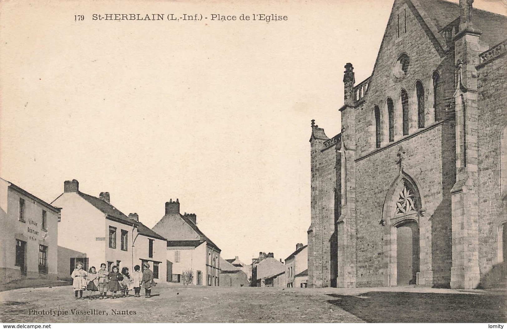 44 St Saint Herblain Place De L' Eglise Cpa Carte Animée Cachet Convoyeur Le Croisic à Nantes 1906 - Saint Herblain