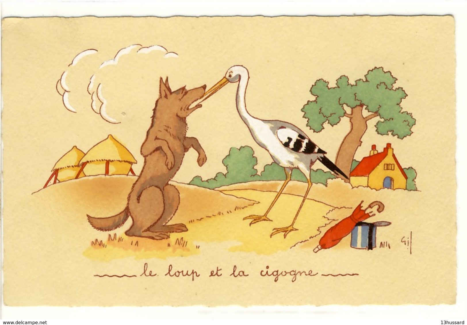 Carte Postale Ancienne Fantaisie Animaux - Le Loup Et La Cigogne - Fable De La Fontaine - Sonstige & Ohne Zuordnung