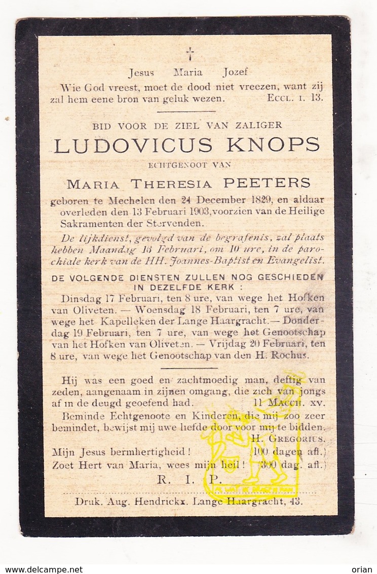 DP Ludovicus Knops ° Mechelen 1829 † 1903 X Maria Th. Peeters / Kapelleken Der Lange Heergracht / Hofken Van Oliveten - Devotieprenten