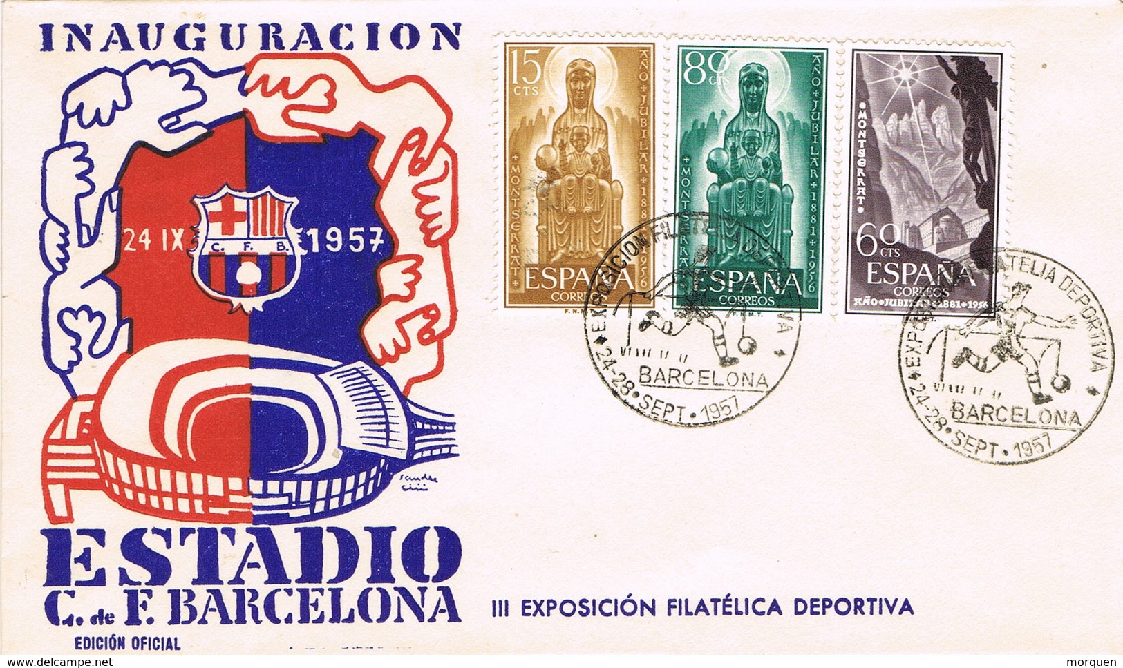 32502. Carta BARCELONA 1957, Inauguracion Estadio FUTBOL. Shet Montserrat 1192-1194 - Cartas & Documentos