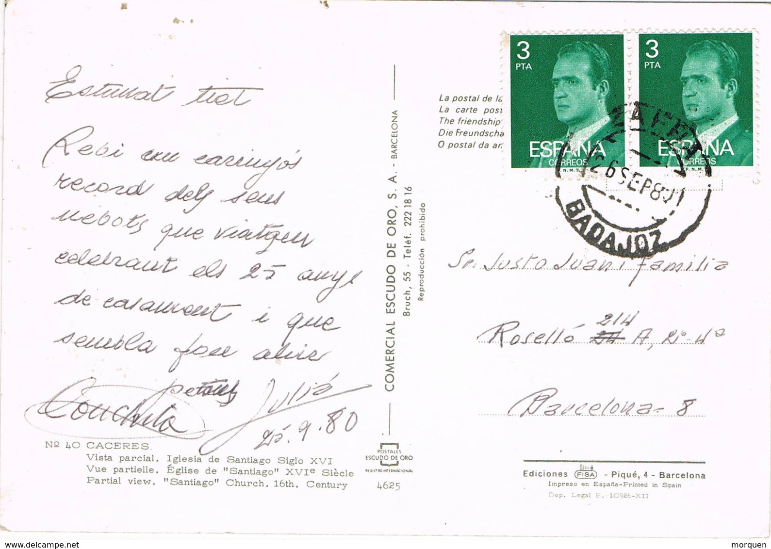 32508. Postal ZAFRA (Badajoz) 1980. Vista Iglesia De Santiago De Caceres - Cartas & Documentos