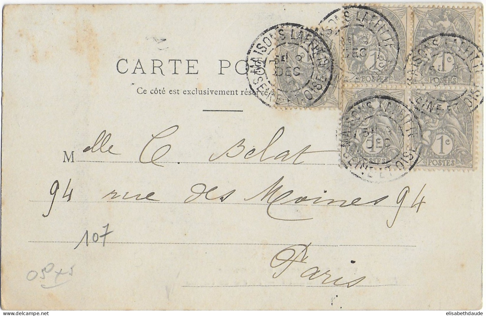 1901 - BEL AFFR. BLANC Sur CARTE De MAISONS LAFFITTE => PARIS - 1900-29 Blanc
