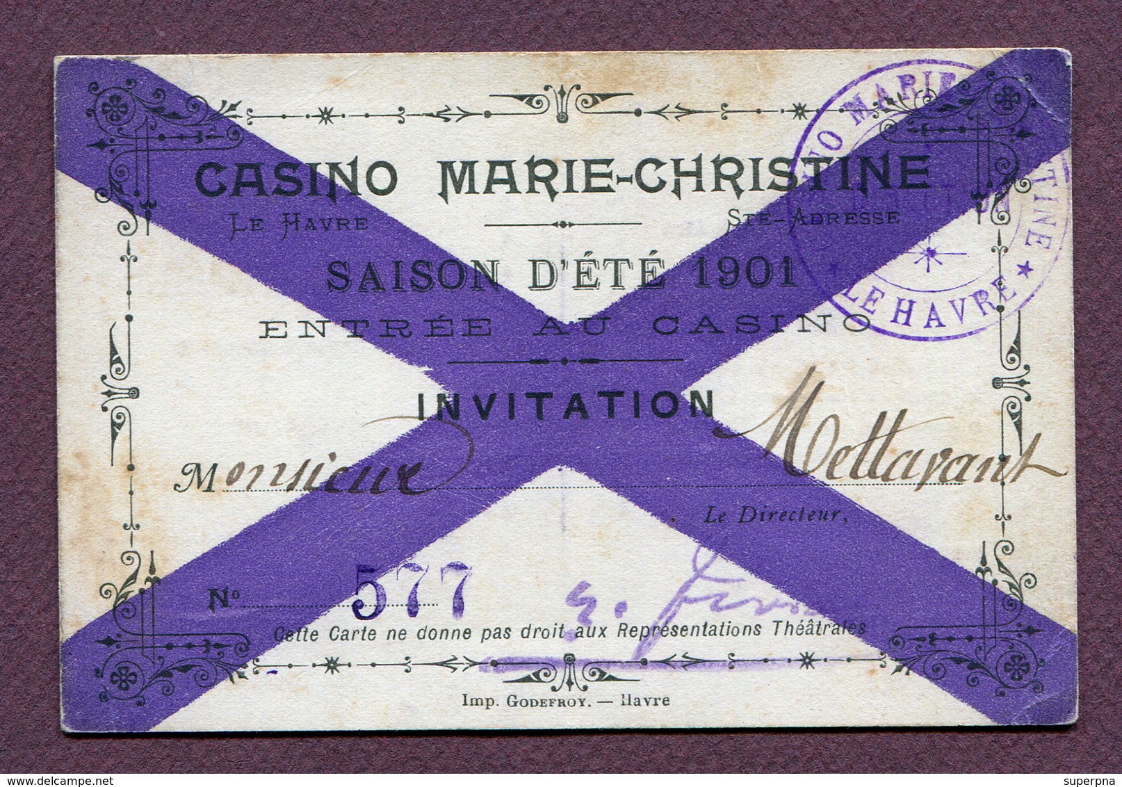 LE HAVRE : " CASINO MARIE-CHRISTINE " : CARTE D'ENTREE 1901 - Documenti Storici