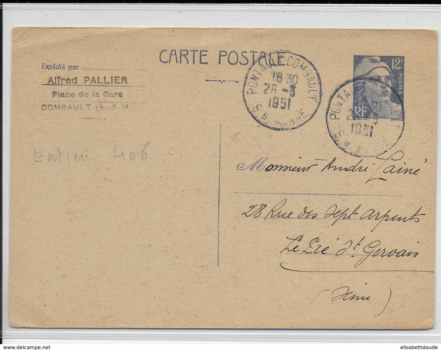 1951- CARTE  ENTIER POSTAL TYPE GANDON De COMBAULT (SEINE ET MARNE) => LE PRE ST GERVAIS - Standard- Und TSC-AK (vor 1995)