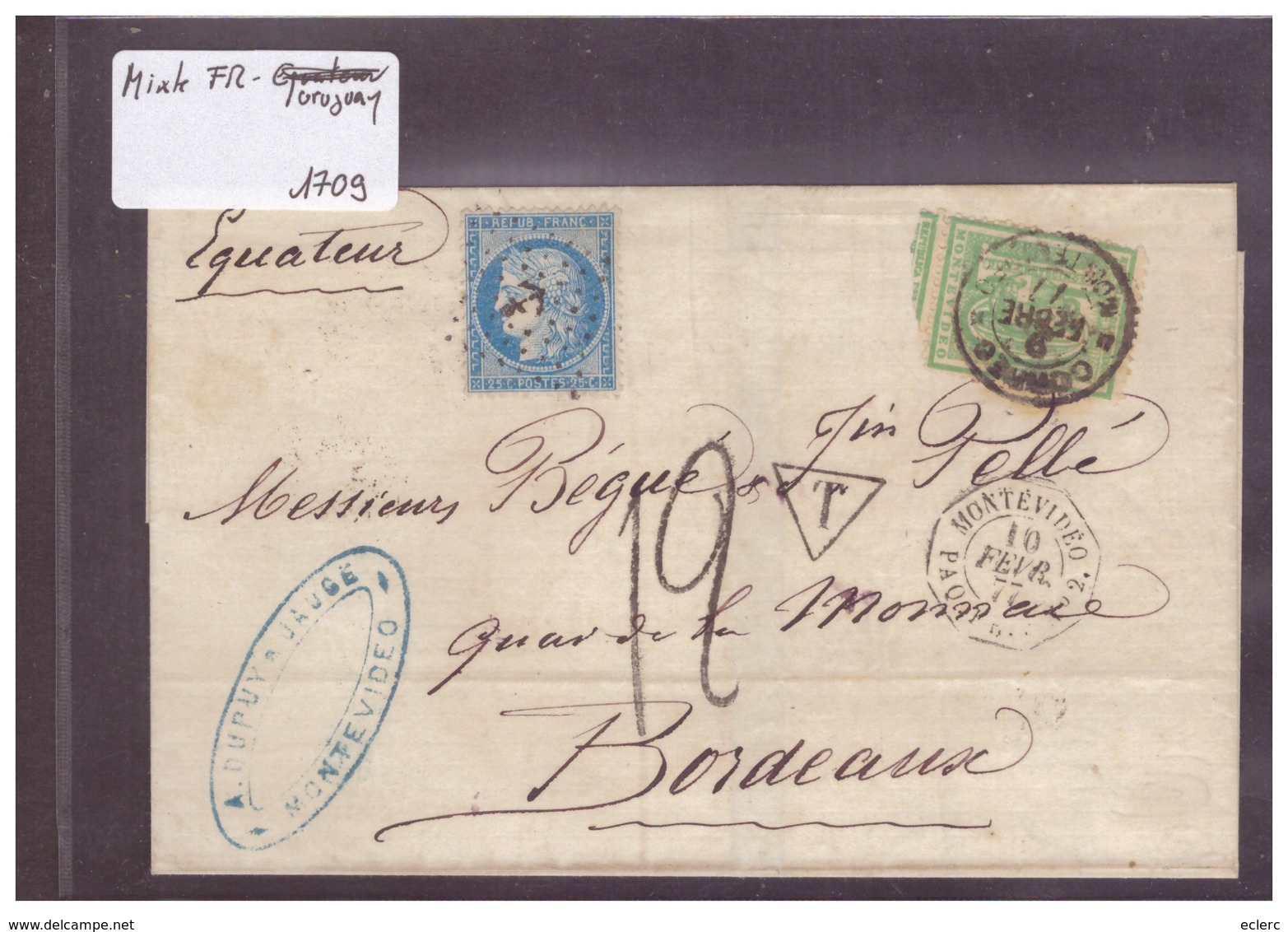 FRANCE - AFFRANCHISSEMENT MIXTE FRANCE-URUGUAY - CACHET " ANCRE "  - !!!WARNING: NO PAYPAL!!! - 1863-1870 Napoléon III Lauré