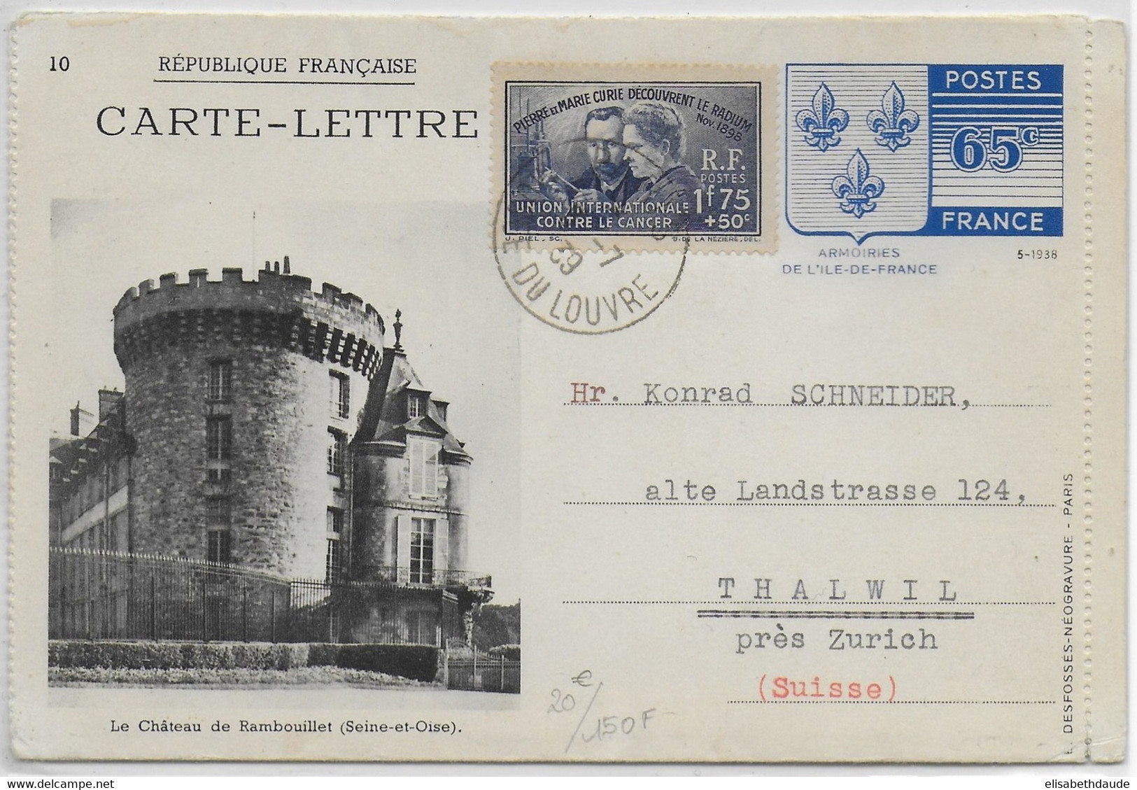 1939 - CARTE-LETTRE ENTIER POSTAL TYPE ARMOIRIES ILE DE FRANCE De PARIS => THALWIL (SUISSE) - CURIE - Kaartbrieven