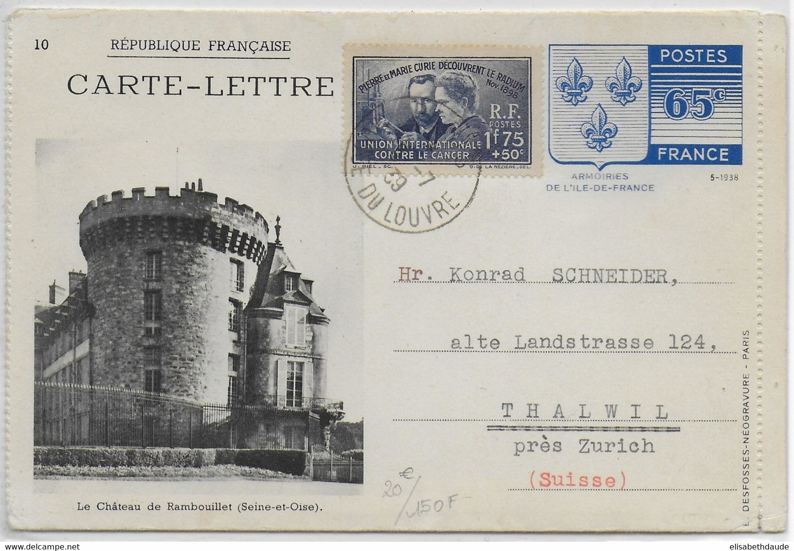 1939 - CARTE-LETTRE ENTIER POSTAL TYPE ARMOIRIES ILE DE FRANCE De PARIS => THALWIL (SUISSE) - CURIE - Cartes-lettres