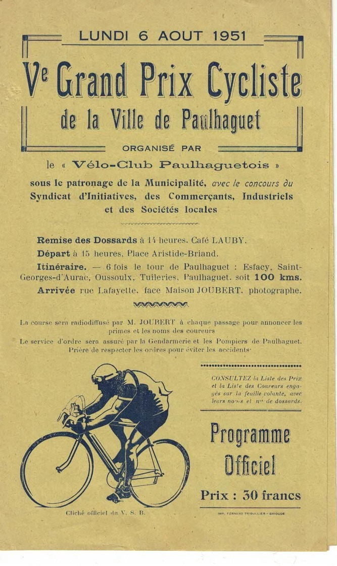 CYCLISME  -  PAULHAGUET  - Programme  Véme PRIX CYCLISTE  1951 - Autres & Non Classés