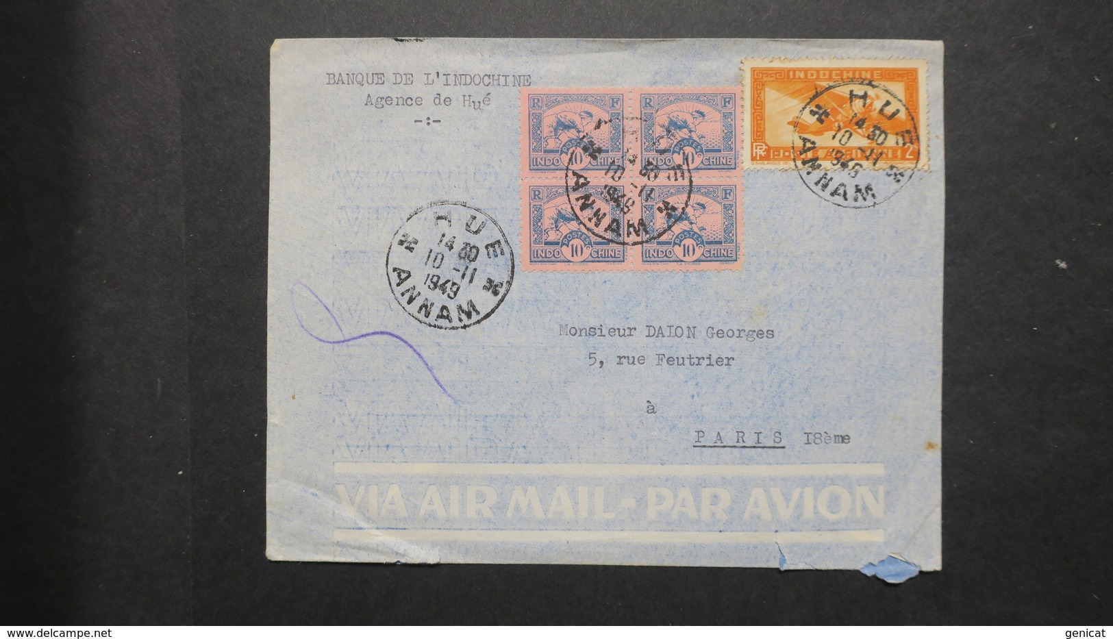 Lettre Banque De L' Indochine Agence De Hué  Annam 1949 Pour Paris - Lettres & Documents