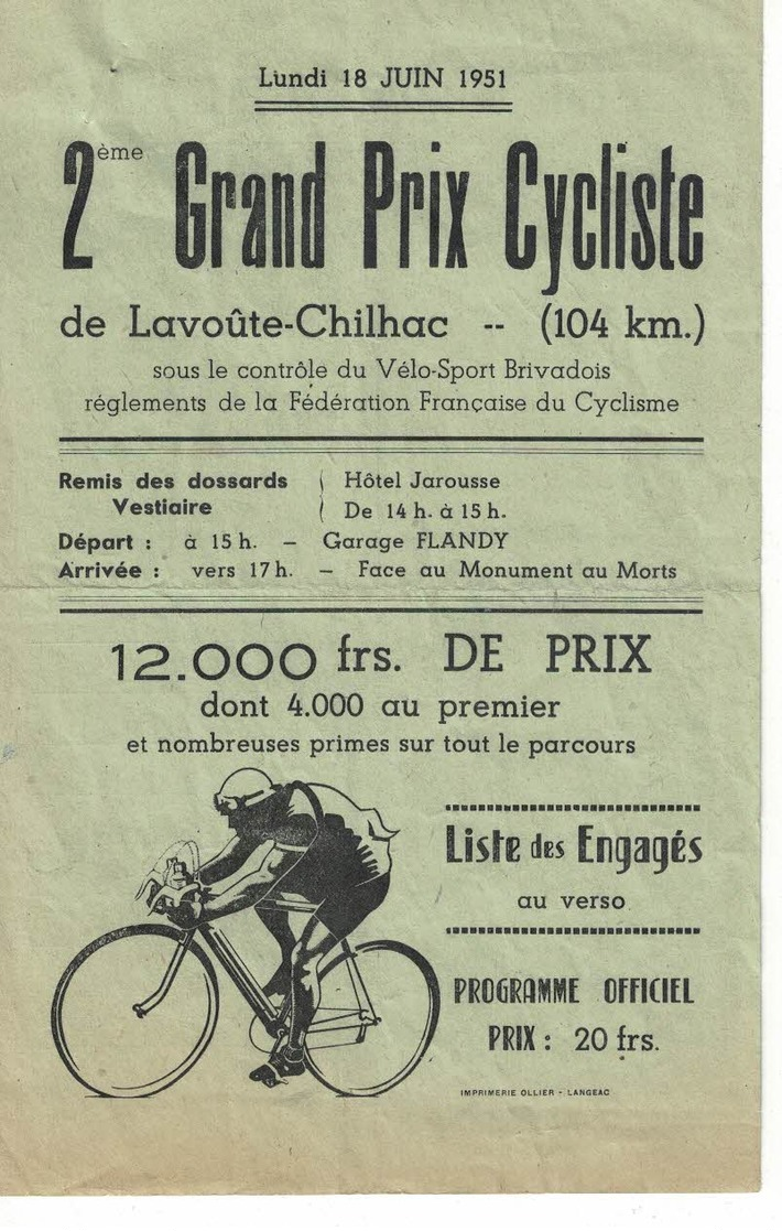 CYCLISME      LAVOUTE CHILHAC                   Programme 2éme    Prix Cycliste  1951 - Autres & Non Classés