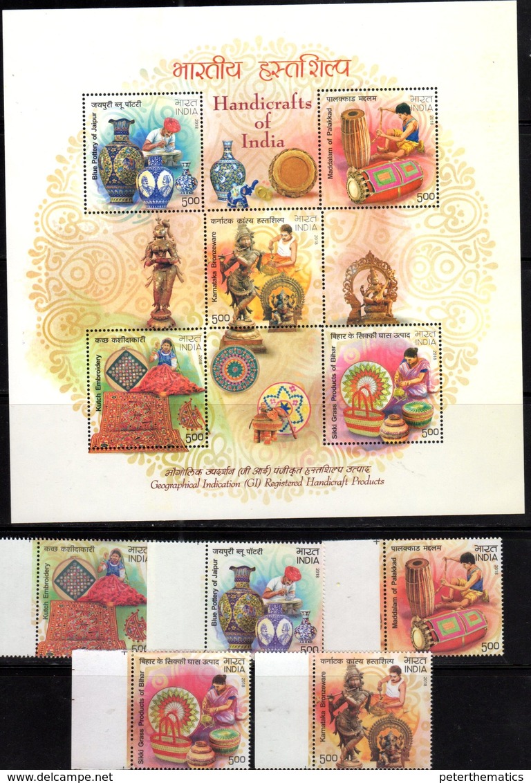 INDIA, 2018, MNH, HANDICRAFTS OF INDIA, PORCELAIN, EMBROIDERY, MUSICAL INSTRUMENTS, RELIGUIOUS FIGURES, 5v+SHEETLET - Other & Unclassified